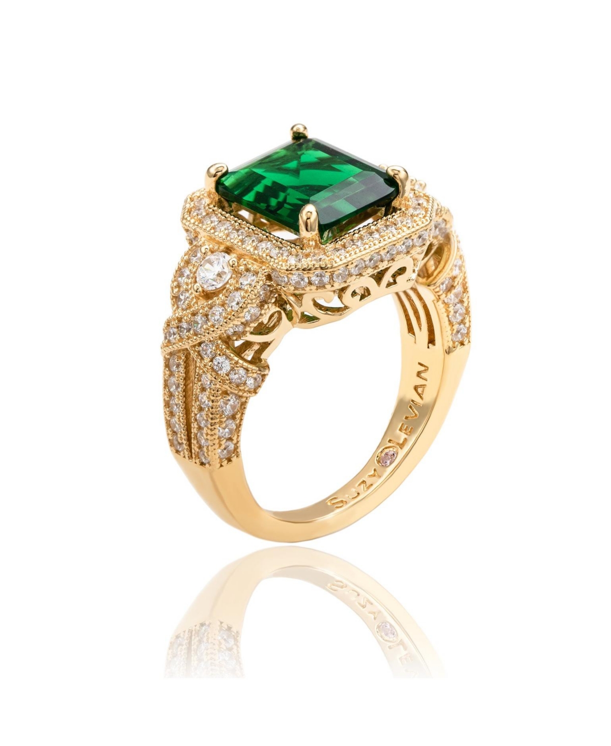 Suzy Levian New York Suzy Levian Yellow Sterling Silver Emerald-Cutand White Cubic Zirconia Pave Ring - Green