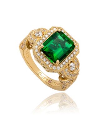 Suzy Levian Yellow Sterling Silver Emerald Cut Green White Cubic Zirconia Pave Ring