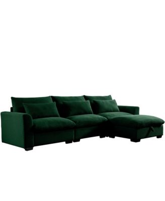 Corduroy Sectional Sofa, L Shaped Couch with Storage Footstool and 3 Pillow, Sectional Couch for Living Room Apartment, Green