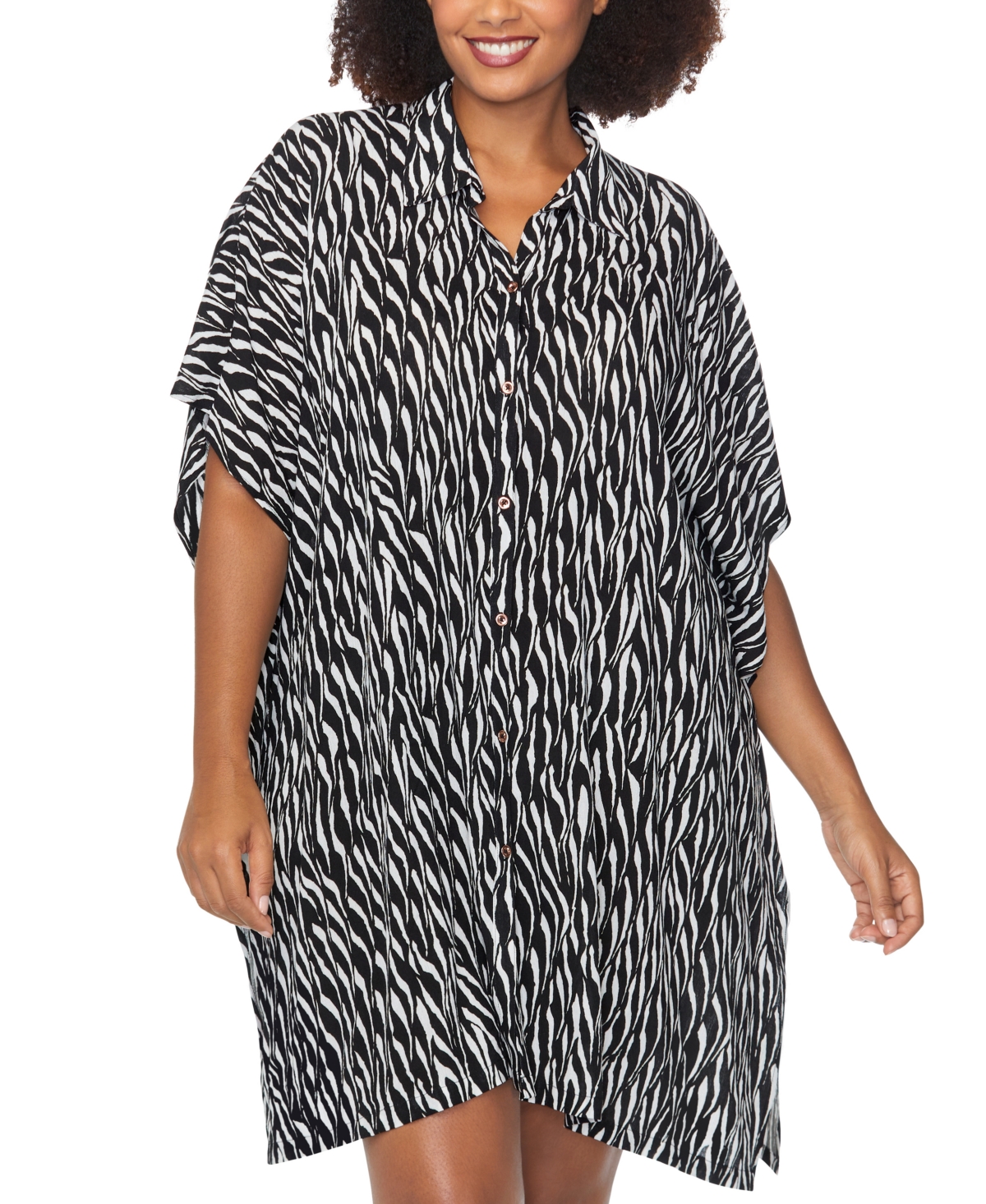 Raisins Curve Trendy Plus Size Vacay Printed Cover-up In Black,white