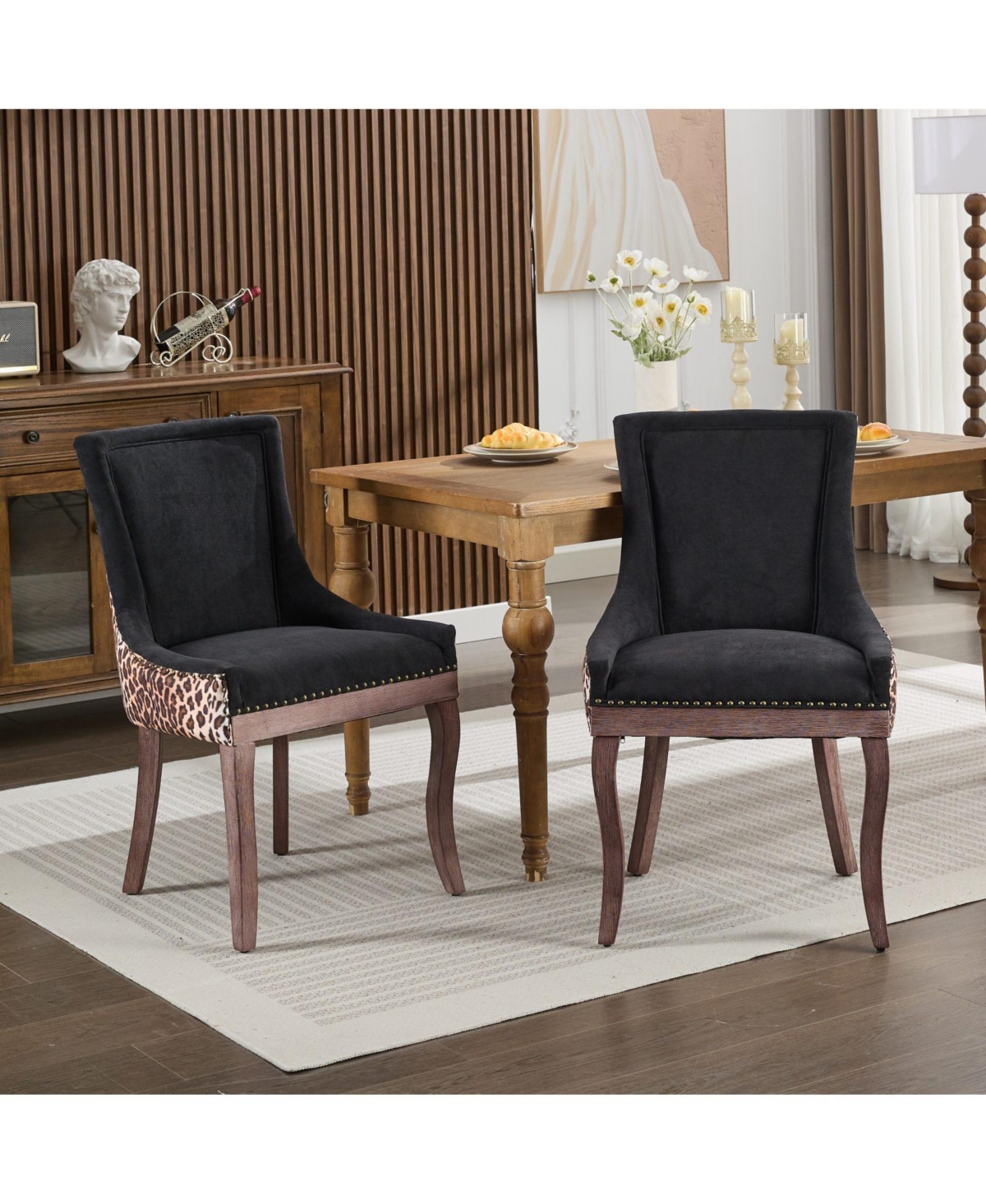 Ultra Side Dining Chair, Thickened fabric chairs with neutrally toned solid wood legs, Bronze nail head, Set of 2,Leopard Print