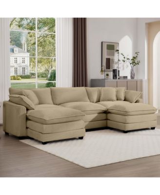 Oversized Modular Cushion Sofa, Portable Ottoman, L-Shaped Corner Low Back Deep Seating Spacious Sofa Set and Sofa Bed for Home Apartment Living Room Set, Tan Corduroy