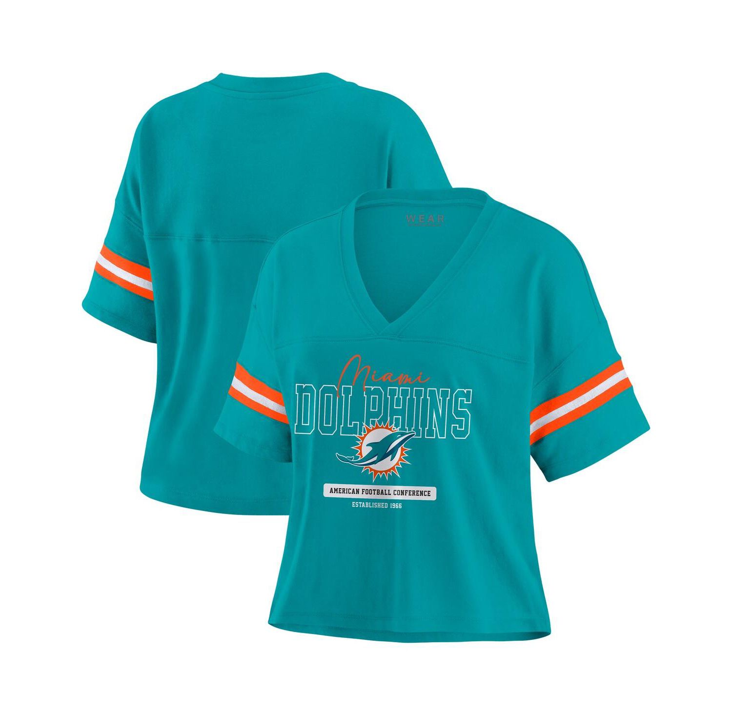 Women's Aqua Miami Dolphins Color Block Boxy Modest Crop V-neck T-shirt