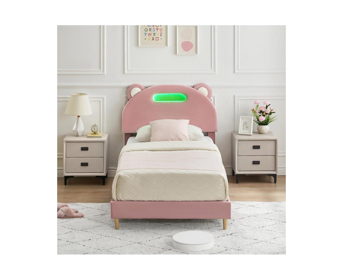 gaomon Led Twin Bed Frame withPink Upholstered Adjustable Headboard, Velvet Platform, Wooden Slat Support, Noise-Free Construction, No Box Spri