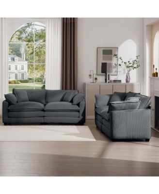 Modern Fabric Living Room Sofa Two Piece Set, Two 2-Seater Sofas with 8 Cushion Upholstery Large Deep Seat Recliner, Grey Corduroy Fabric