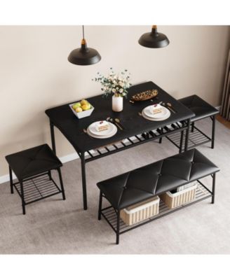 Dining Table with Benches, Kitchen Table Set for 4, Dining Room Table Set with Upholstered Bench and Square Stools, Metal and Wood Dining Table Set for 4 with Storage for Small Space-Vintage