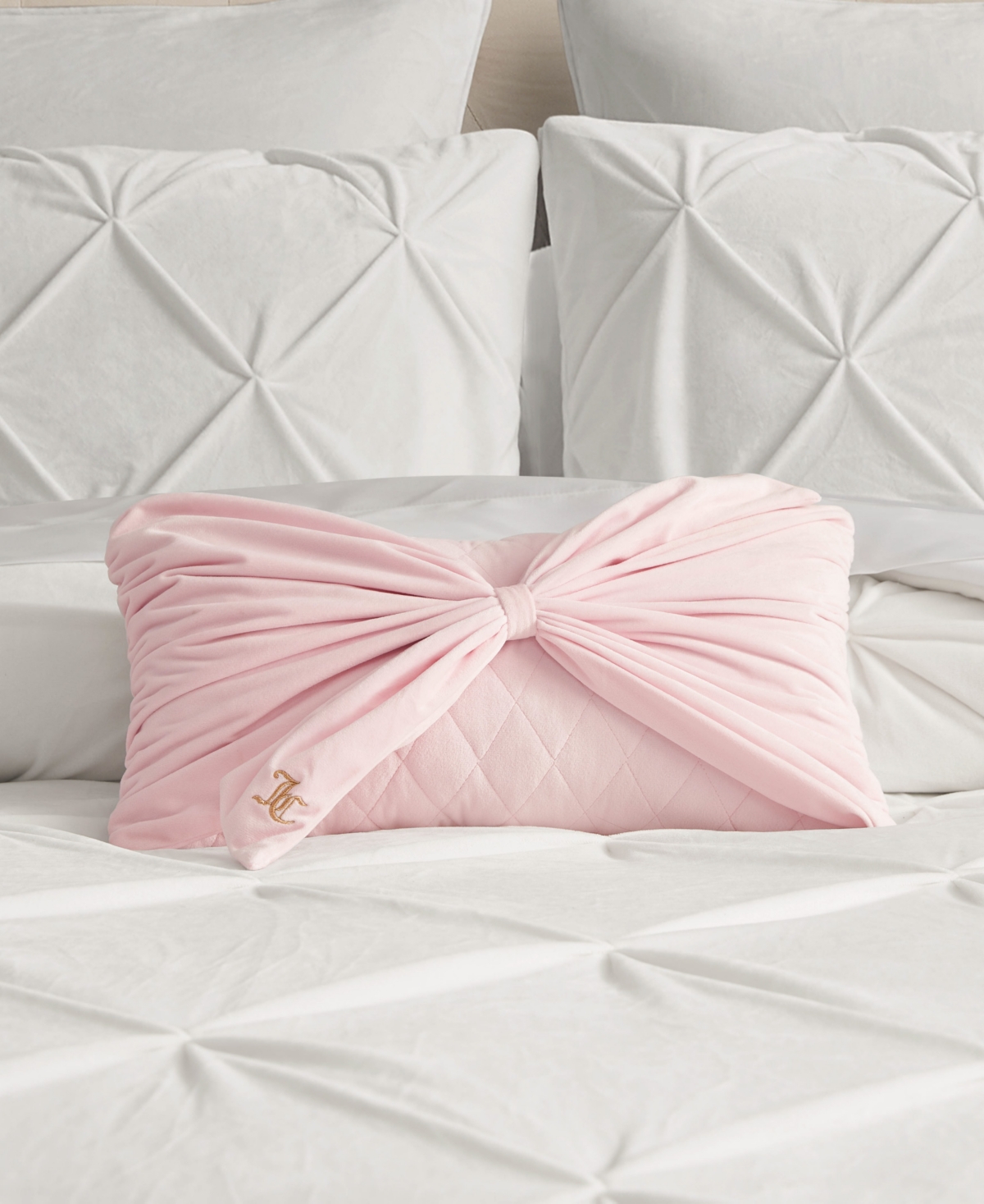 Juicy Couture Velvet Bow Decorative Pillow, 10" X 18" In Marshmallow Pink