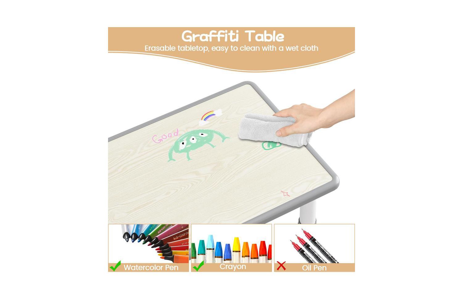 Kids Table and Chair Set, Height Adjustable Toddler Table and 4 Chairs Set for Ages 2-10, Graffiti Desktop, Non-Slip Legs, Arts & Crafts Table