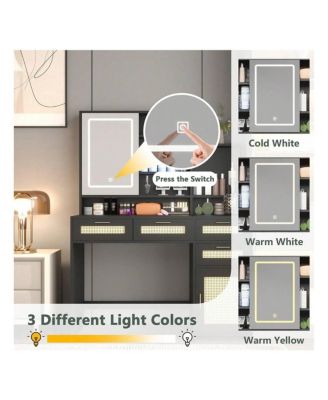Makeup Vanity With Lights In 3 Colors And Openable Mirror, Vanity Desk With 4 Drawers, 1 Cabinets And Shelves, Vanity Table Rattan Vanity Dresser For Bedroom