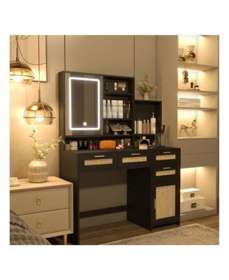 Makeup Vanity With Lights In 3 Colors And Openable Mirror, Vanity Desk With 4 Drawers, 1 Cabinets And Shelves, Vanity Table Rattan Vanity Dresser For Bedroom