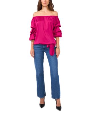 Women's Off The Shoulder Bubble Sleeve Tie Front Blouse