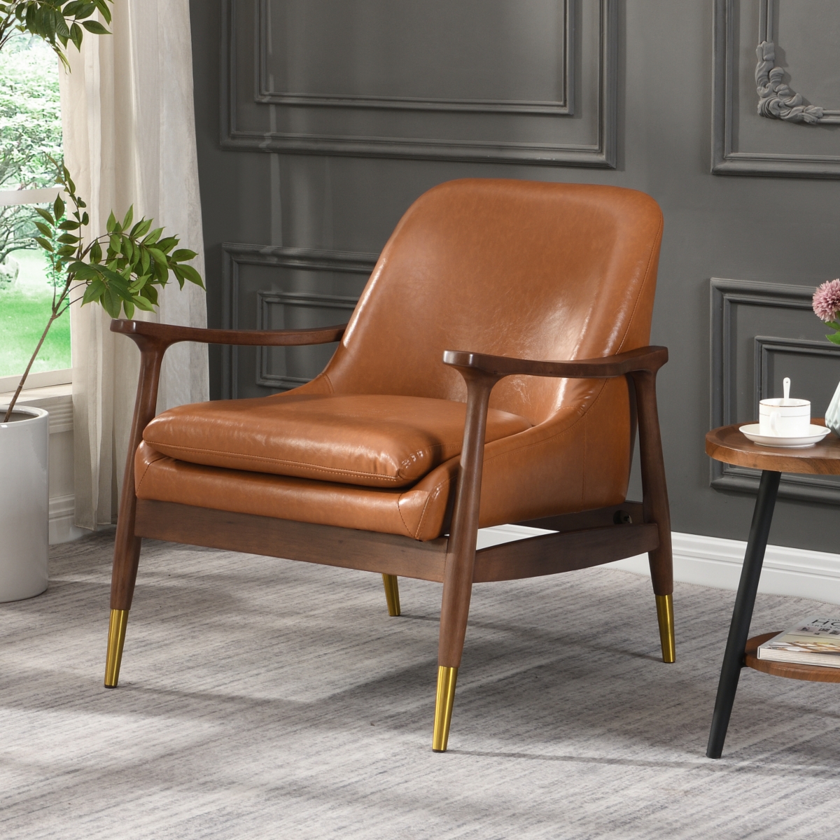 Streamdale Mid-Century Faux Leather Accent Chair with Solid Wood Frame