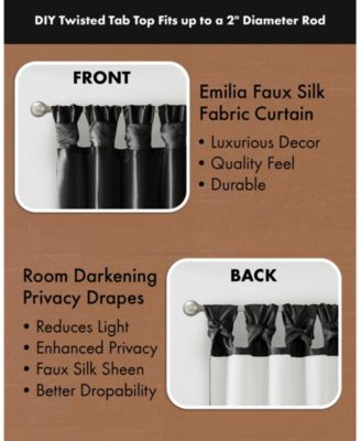 Emilia Twist Tab Lined Window Curtain Panel, Single Curtain with Privacy Lining for Bedroom and Living Room, 84 inch length Single Curtain, Width 50 length 84 inches, Black Window Panel