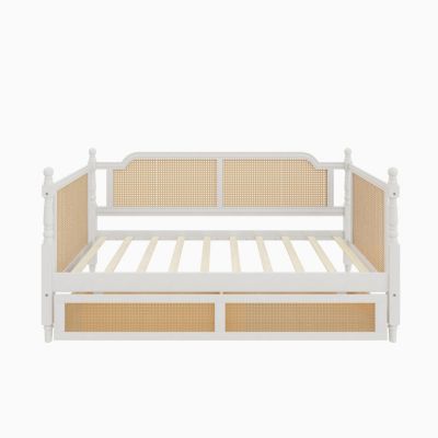 Traditional Style Rattan Twin Size Daybed with 2 Drawers for Limited Space, Guest Room, No Box Spring Needed
