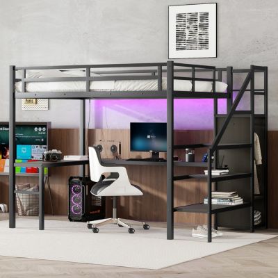 Streamdale Full XL Loft Bed with L-Shaped Desk, Wardrobe, and LED