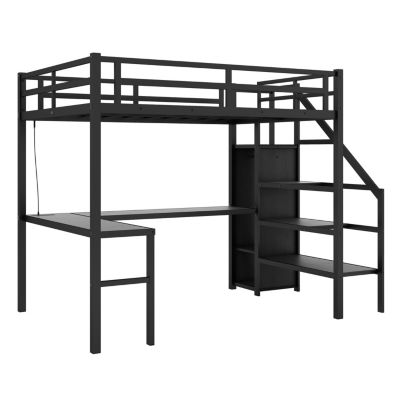 Streamdale Full XL Loft Bed with L-Shaped Desk, Wardrobe, and LED