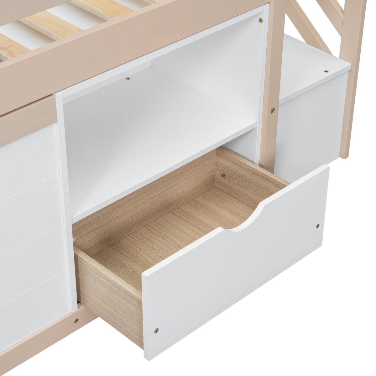 Streamdale Furniture Solid Wood Twin Size Low Loft Bed With Stair, Drawer, And Shelf For+ White Color - Cream,white