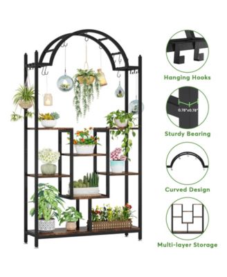74.8'' Arched Metal Flower Shelf with Hanging Hooks,5-Tier Tall Indoor Plant Stand