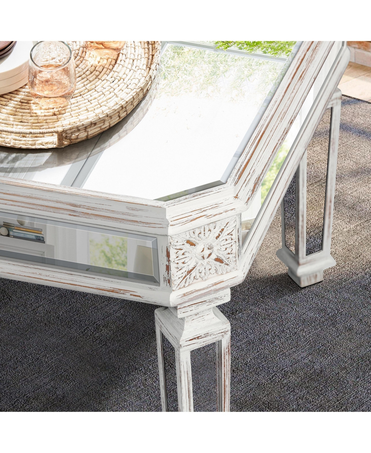 Streamdale Furniture Silver Mirrored Coffee Table, Vintage Carved Elements, Rectangle Glass Tea Table with Mirrored Finish, Modern Center Table for Li
