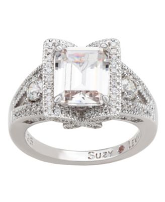 Suzy Levian Sterling Silver Emerald Cut Cubic Zirconia French Filigree Ring