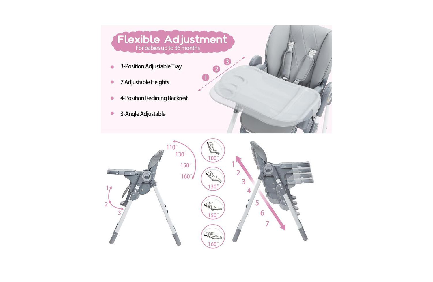 Multifunctional Baby High Chair, Foldable Infant Highchairs with Removable Tray, Adjustable Height and Recline, Easy Cleaning High Chair for Babies & Toddlers