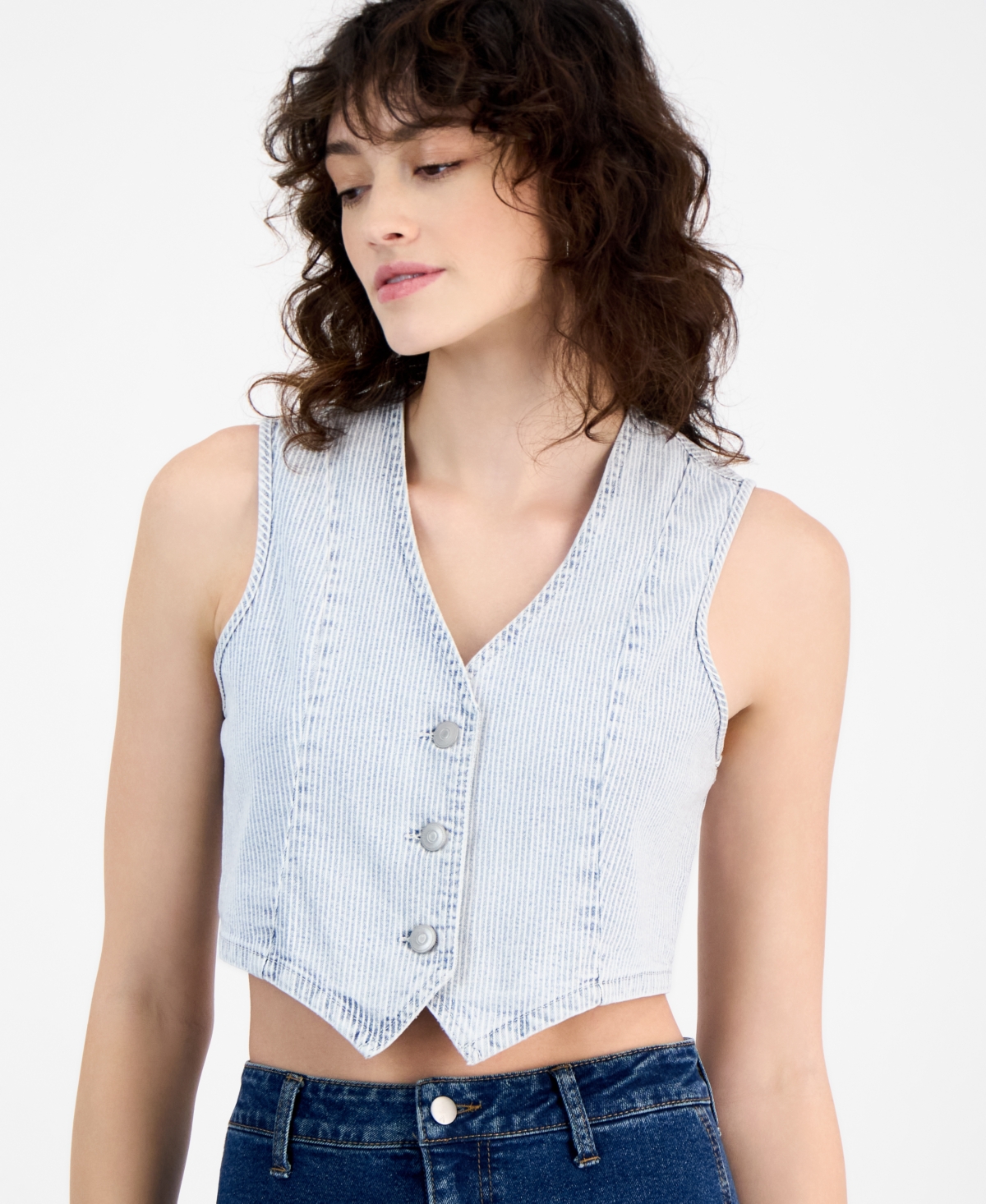 And Now This Women's Striped Button-front Denim Vest, Exclusively At Macy's In Blue,white Stripe