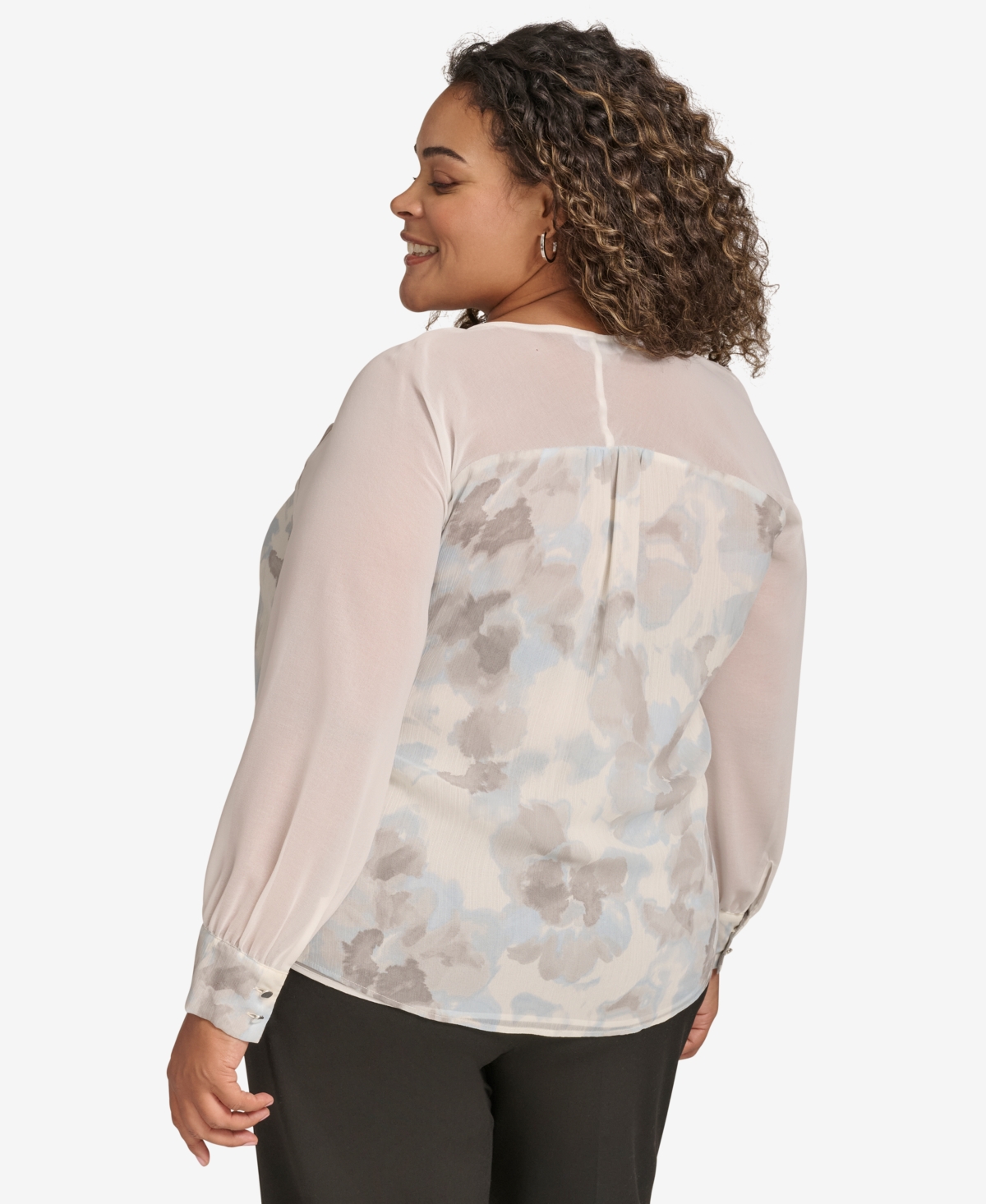 Calvin Klein Plus Size Printed Long-sleeve Blouse In Cream Multi