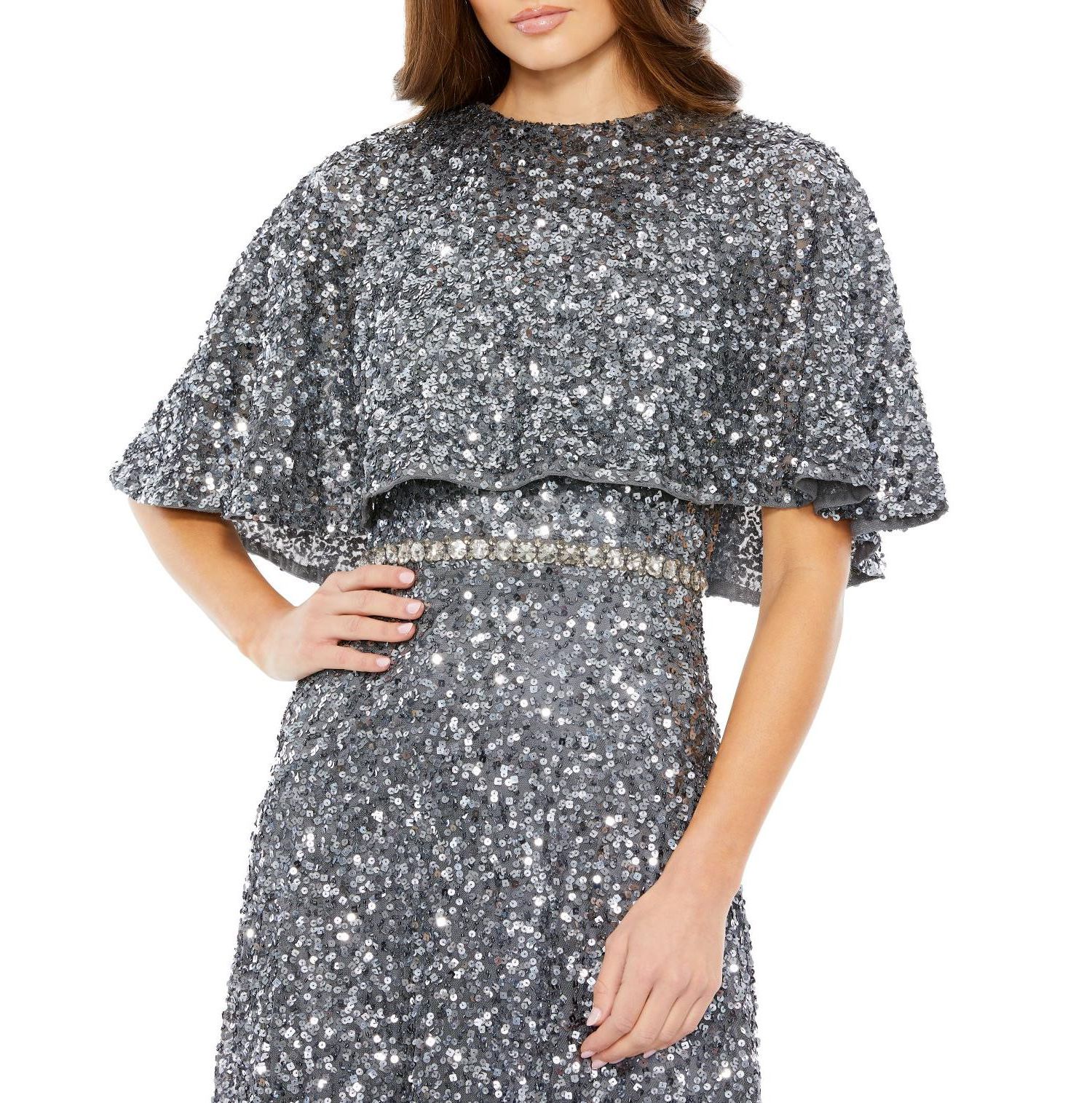 Women's Embellished Cape High Neck Midi Dress
