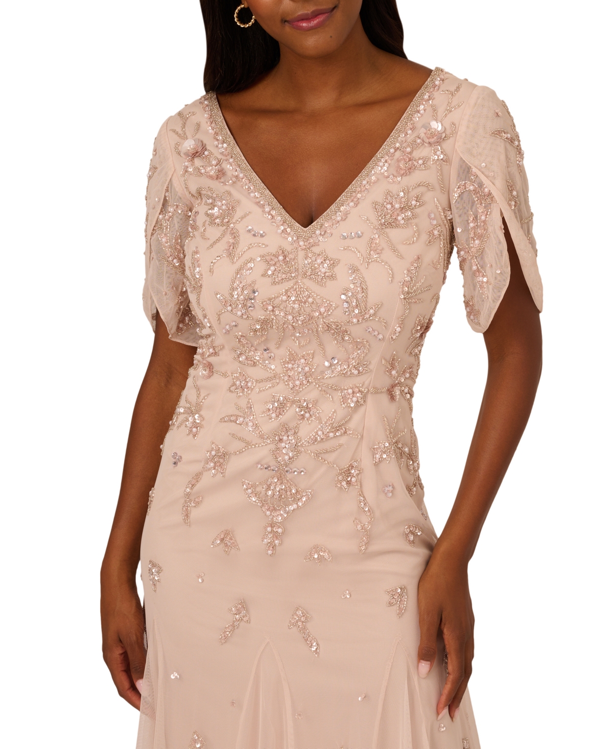 ADRIANNA PAPELL WOMEN'S BEADED MESH GODET MIDI DRESS