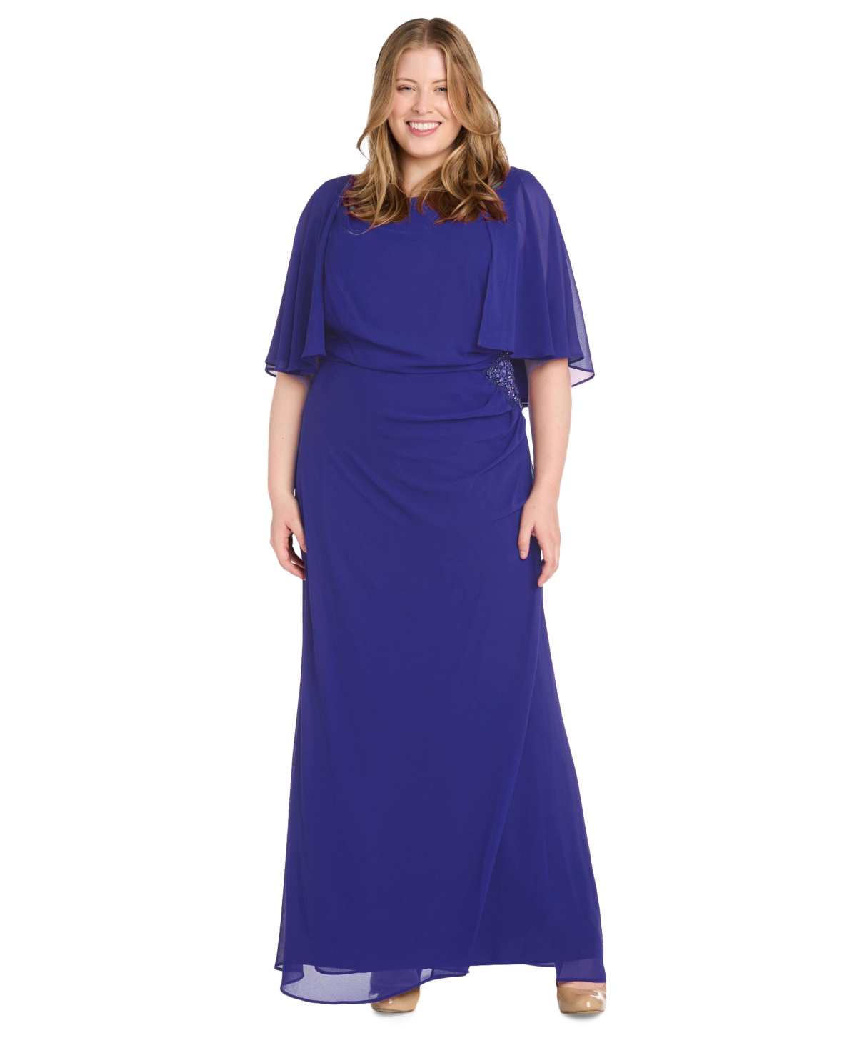 Plus Size Cape-Sleeve Embellished-Waist Gown - Navy