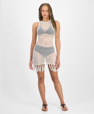 Miken - Juniors' Mesh Fringe-Hem Tank Dress Swim Cover-Up