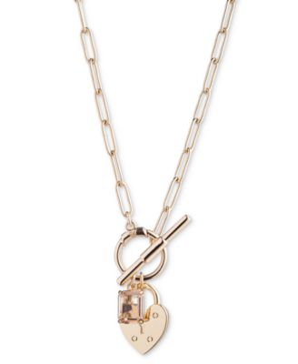 Lauren Ralph Lauren - Gold-Tone Heart Lock & Rectangle Crystal Multi-Charm 17" Pendant Necklace
