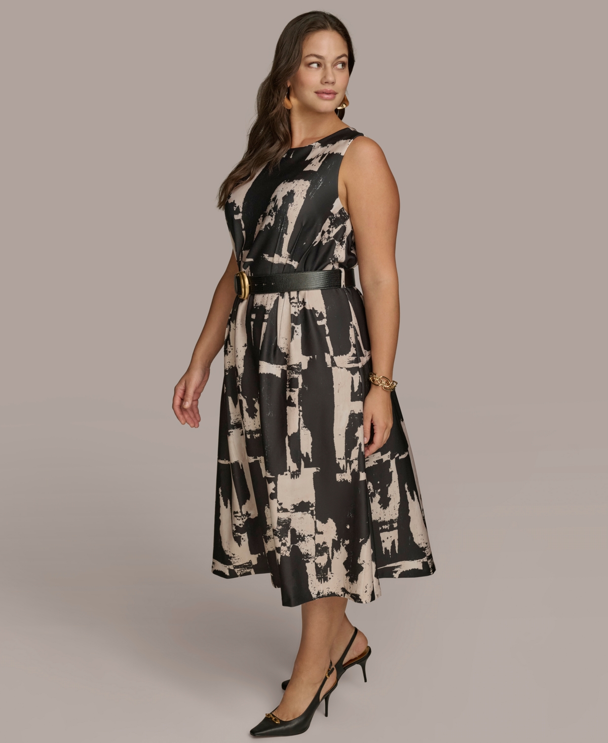 Donna Karan New York Plus Size Printed Belted A-Line Dress