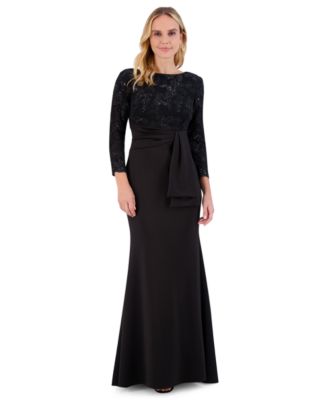 Women's Floral-Sequin 3/4-Sleeve Boat-Neck Gown