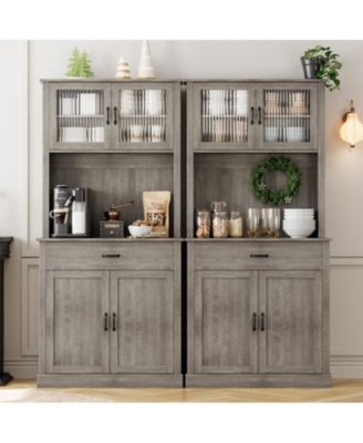 71" tall freestanding wood kitchen pantry with glass doors, shelves, microwave stand – hutch storage cabinet.
