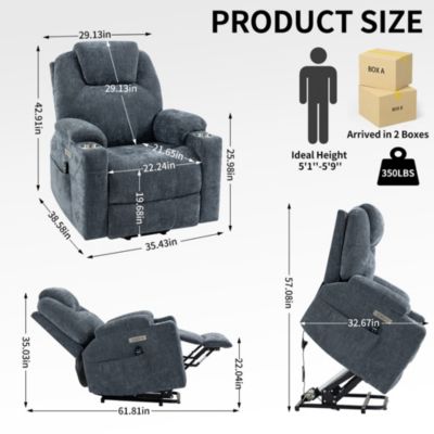 Power Lift Recliner Chair, Heavy Duty, 350 LBS Capacity, Dual Motor, Massage & Heating, USB & Type-C Ports