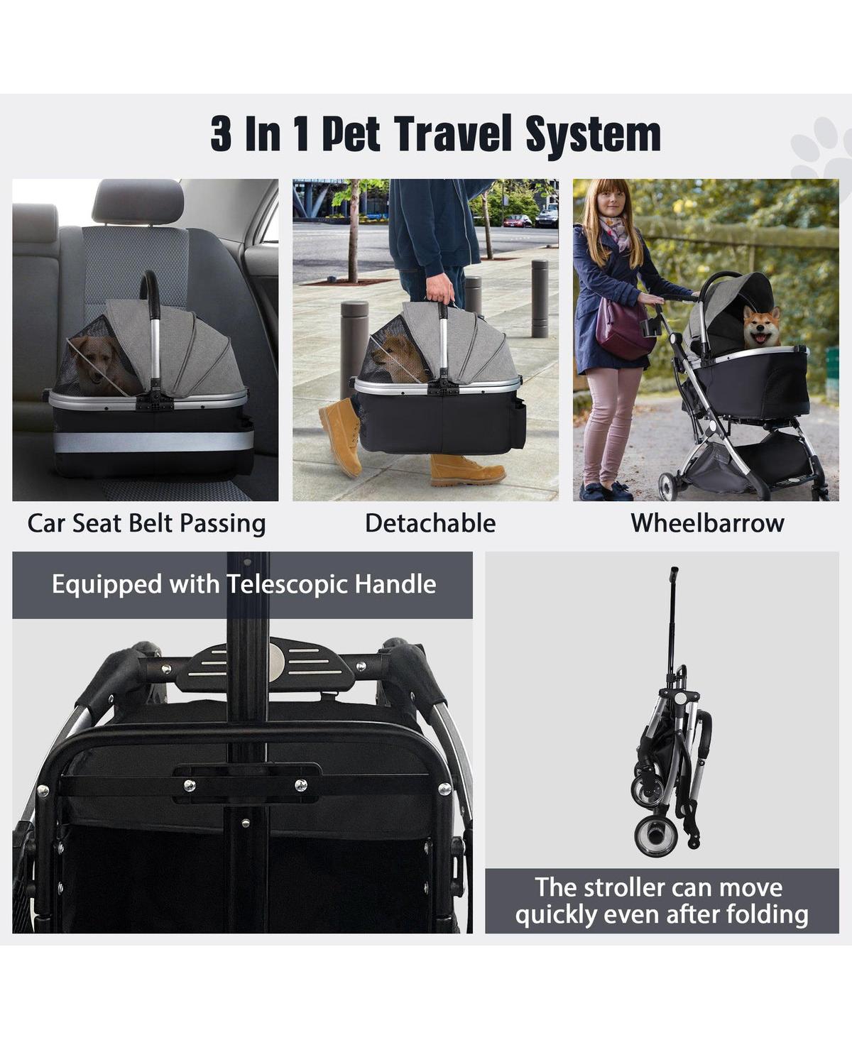 Slickblue Gray Foldable Pet Stroller with Telescopic Handle and 33 lbs Capacity - 3 in 1 Design - Grey  Black