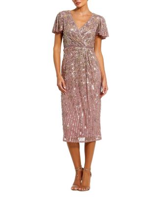 Women's Embellished Faux Wrap Flutter Sleeve Dress