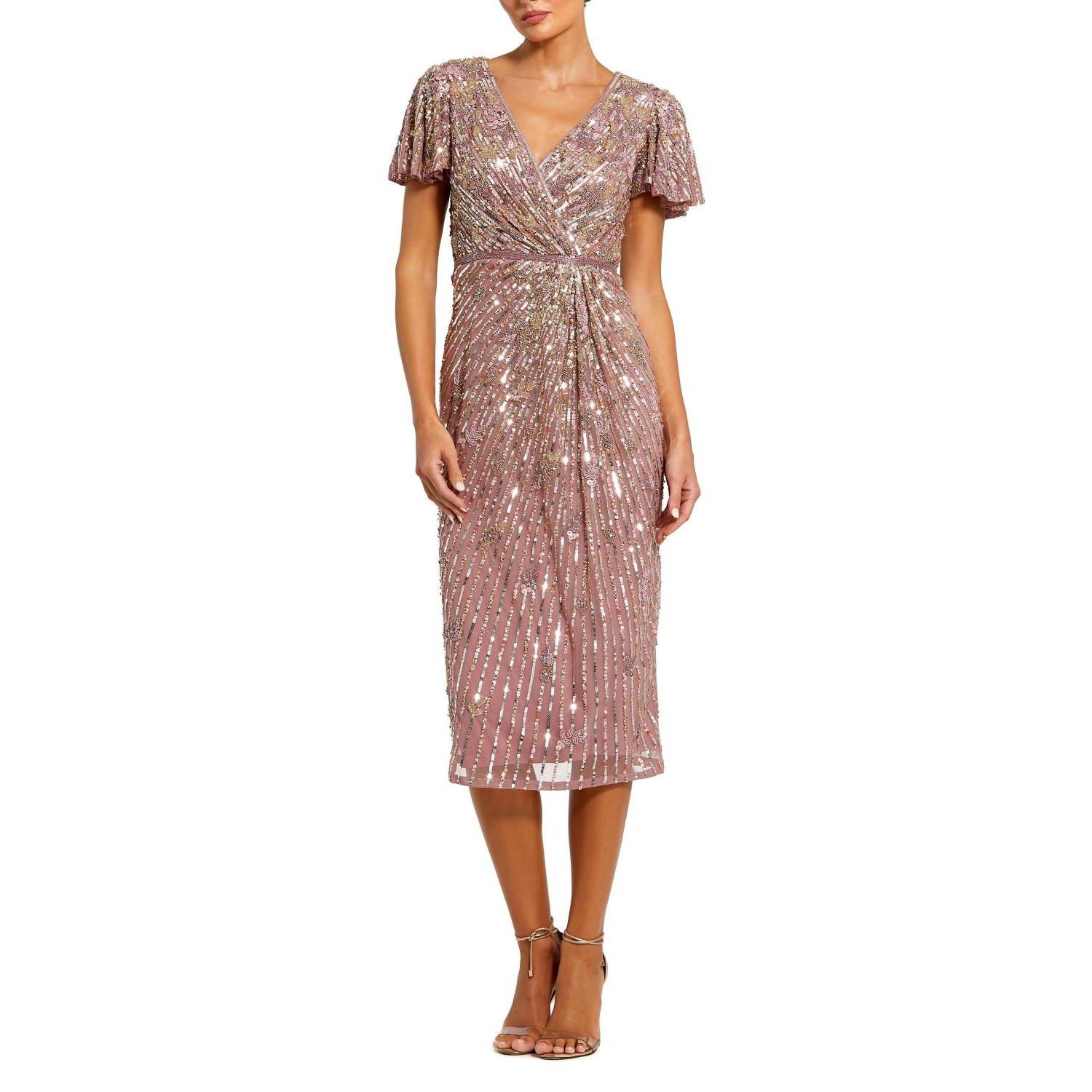Women's Embellished Faux Wrap Flutter Sleeve Dress
