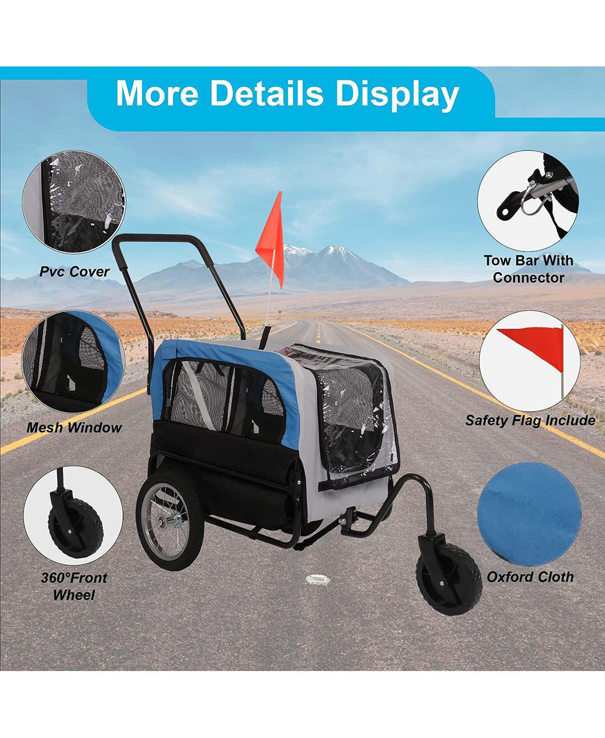 SlickblueDog Bike Trailer Cart - 2 in 1 Pet Stroller with Reflectors and Protective Net - Blue