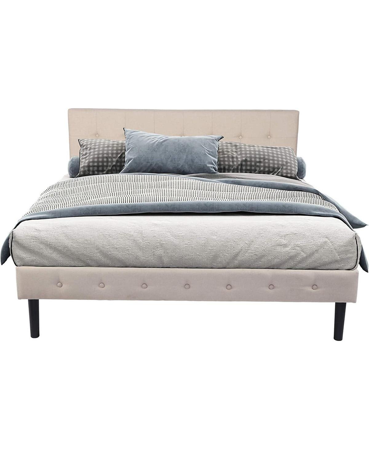 Slickblue Fabric Upholstered Bed Frame with Solid Wood Slat Support and Headboard - Stylish Bedroom Furniture