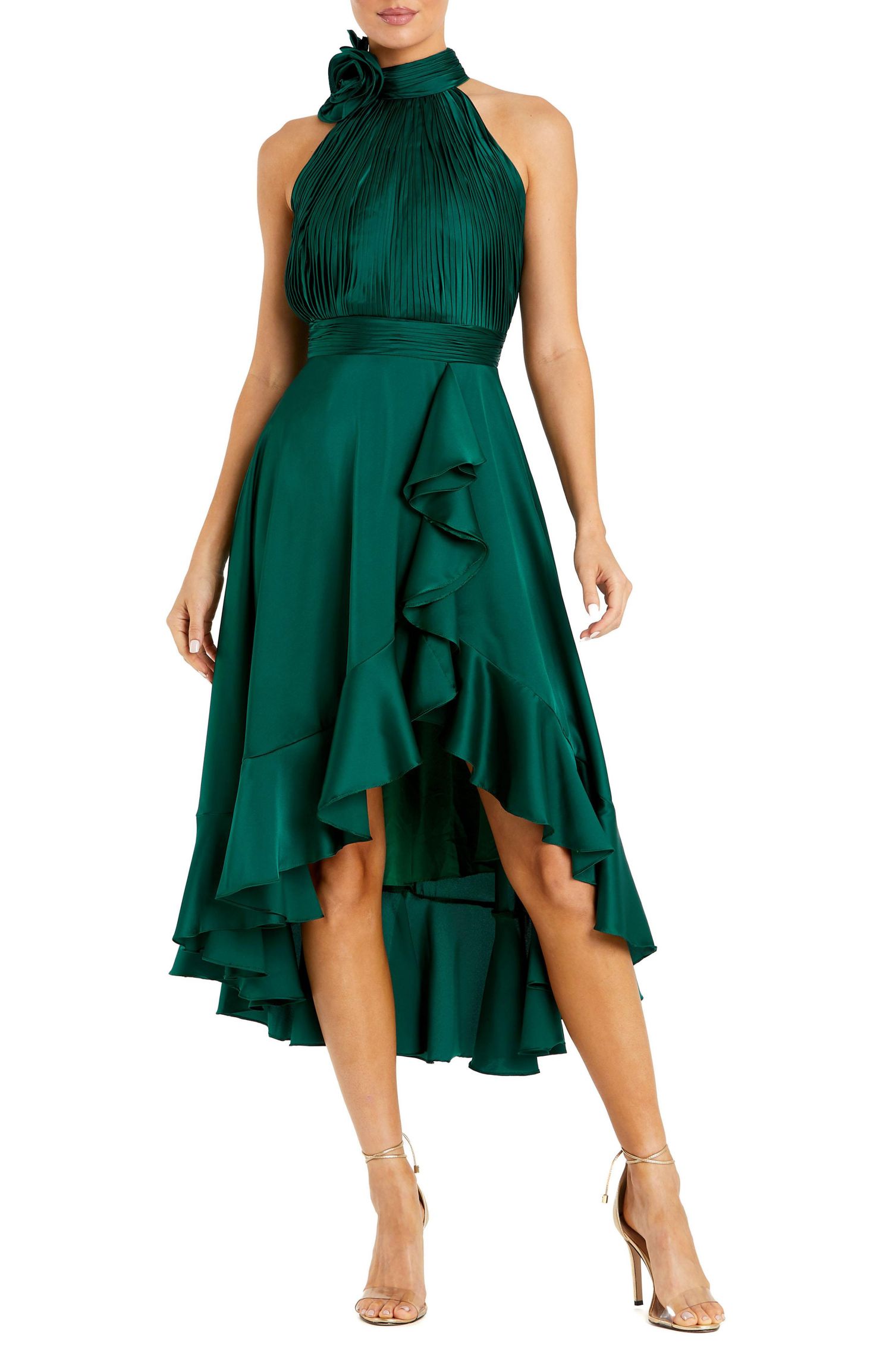 Women's Halter Neck Flower Detail Ruffled Midi Dress