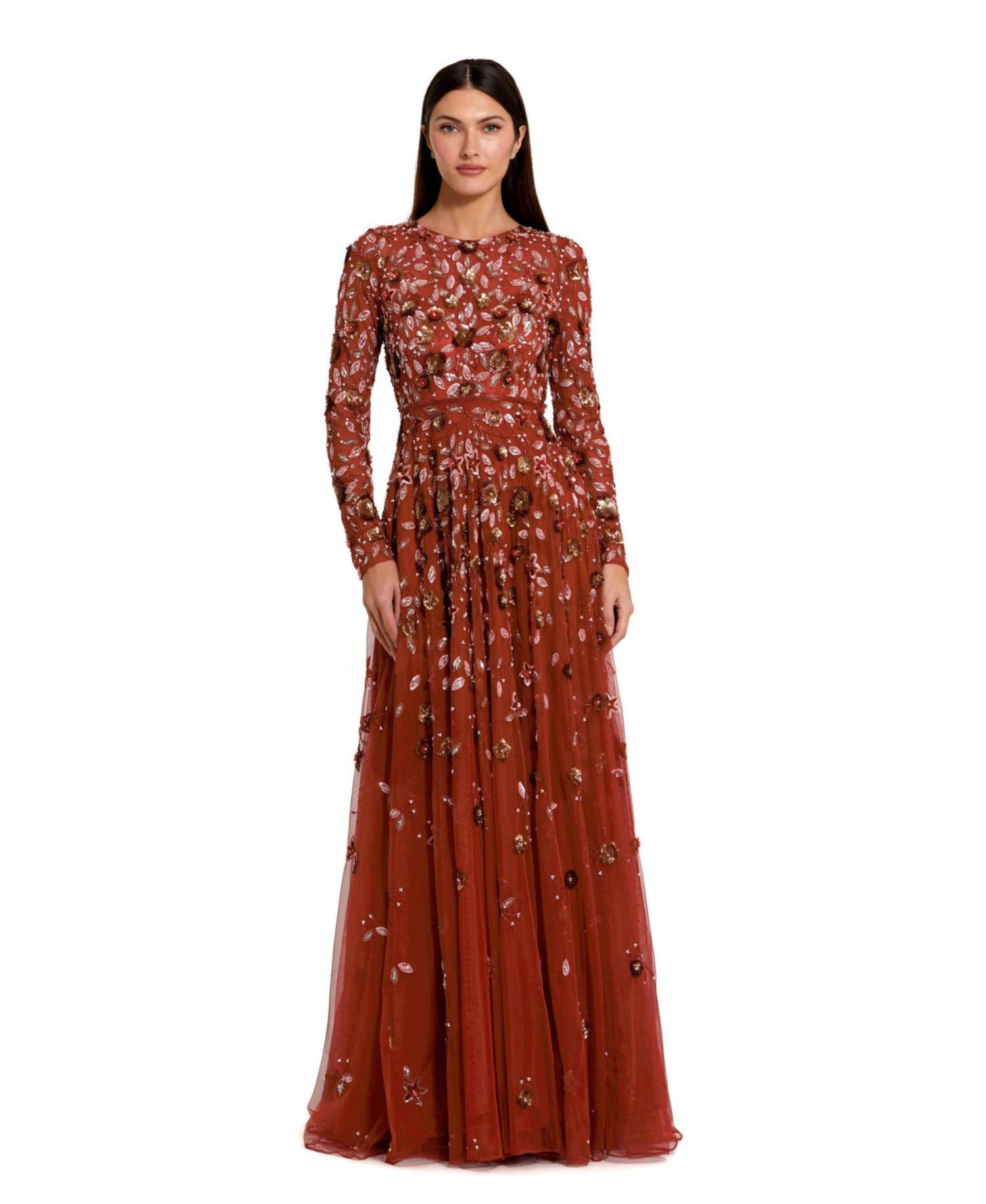 Women's Embellished High Neck Long Sleeve A Line Gown