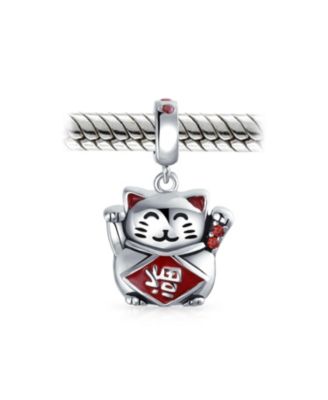 Japanese Maneki Neko Lucky Cat Good Fortune Dangle Charm Bead Red Enamel .925 Sterling Silver Fits European Bracelet