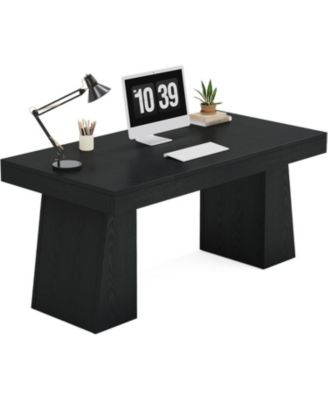 55 Inches Executive Desk, Mid-Century Modern Home Office Desk with Double Trapezoid Base, Wood Computer Desk Business Workstation Desk