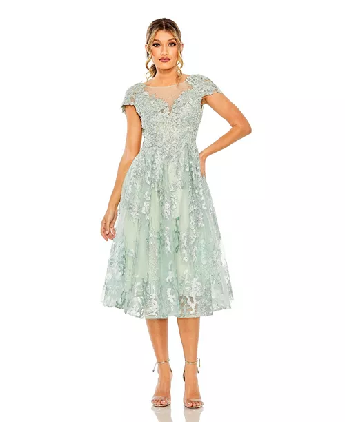 women's embroidered cap sleeveless a line dress