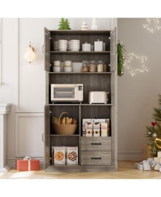 Modern Kitchen Pantry Cabinet with Microwave Stand, Tall Hutch Bar Cabinet with Drawers & Adjustable Shelves, Large Wood Storage Cabinet