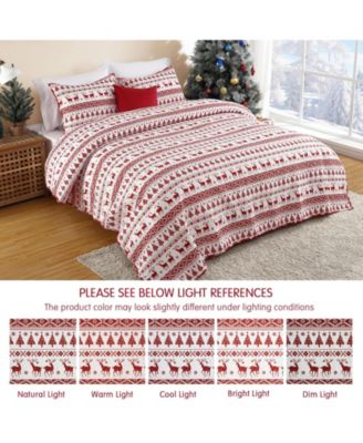 Christmas Quilt Set Queen, 3-Piece Reversible Boho Bedspread with Christmas Tree, Reindeer & Snowflake Pattern, Lightweight All-Season Bedding