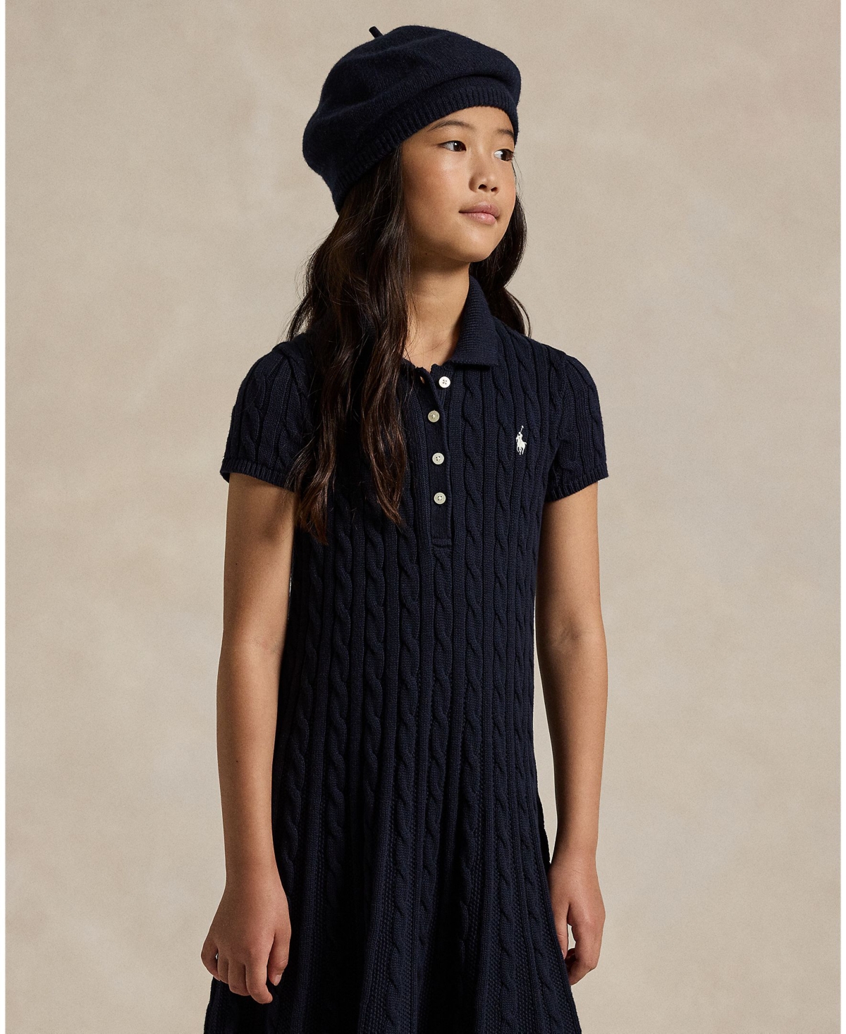 Polo Ralph Lauren Big Girls Cable-Knit Cotton Polo Sweater Dress - RL Navy with Prch Cream
