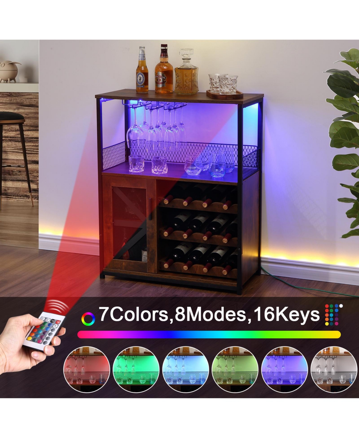 gaomon Bar Cabinet with Storage Shelf, Wine Cabinet with Light String, Glass Holder, and Buffet Mesh Door, Kitchen Sideboard Buffet Sidebo
